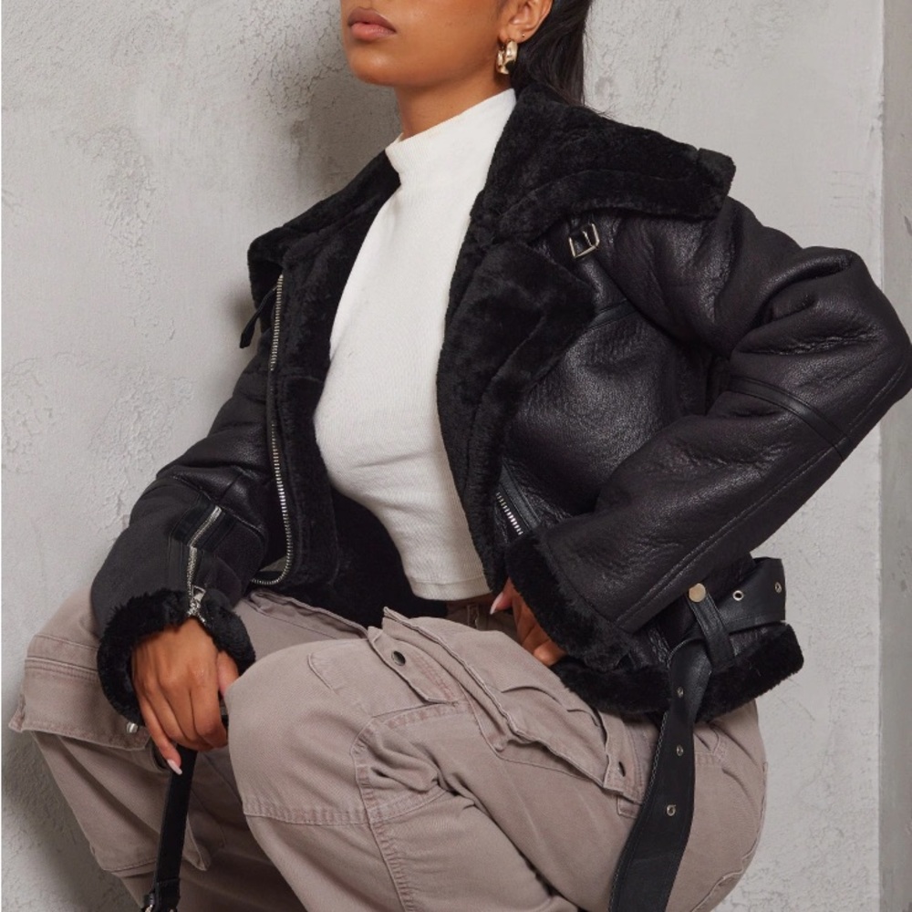 PrettyLittleThing Multi Zip Cropped Aviator Jacket